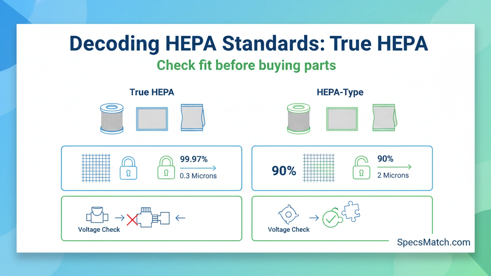 Decoding HEPA Standards: True HEPA vs HEPA-Type | SpecsMatch Decoding HEPA Standards: True HEPA vs HEPA-Type spec compatibility guide with part matching visual
