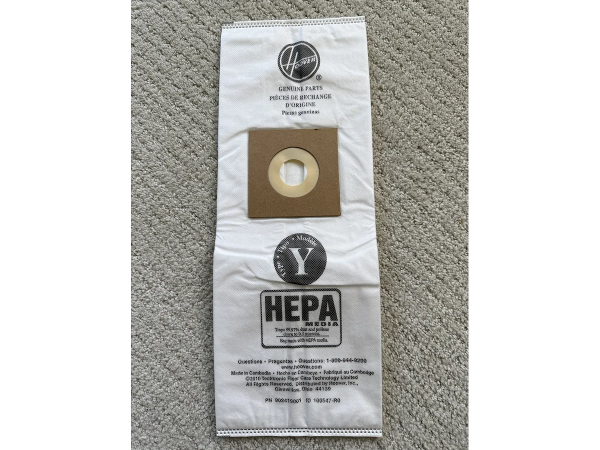 Hoover Type Y HEPA vacuum bag collar and opening photographed flat outside the package