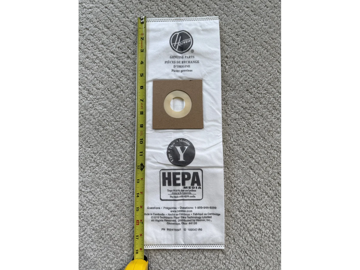 Hoover Type Y HEPA replacement vacuum bag length measured with tape