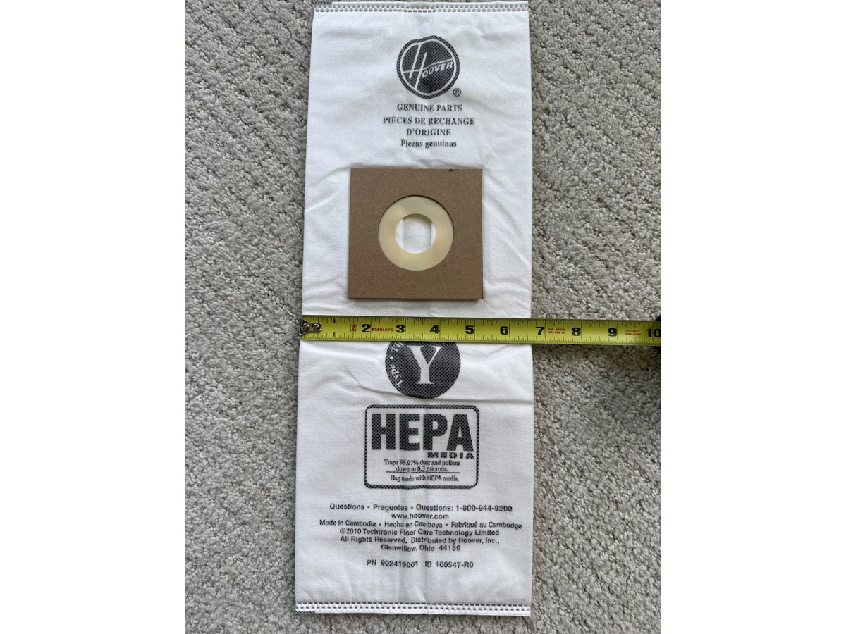 Hoover Type Y HEPA replacement vacuum bag width measured with tape