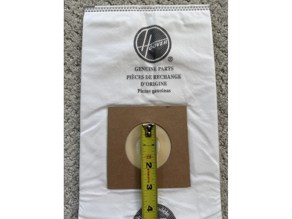 Hoover Type Y vacuum bag collar opening measured with tape for replacement bag sizing