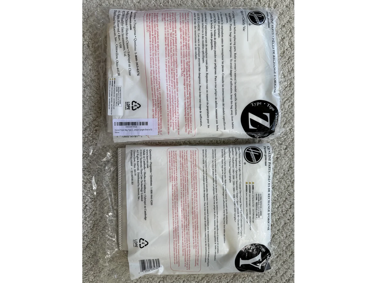 Back of Hoover Type Y HEPA vacuum bag package with replacement bag text