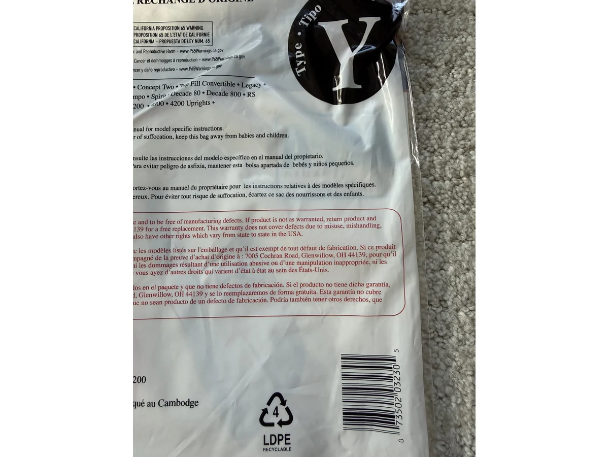 Hoover Type Y replacement vacuum bag package UPC barcode and warning label
