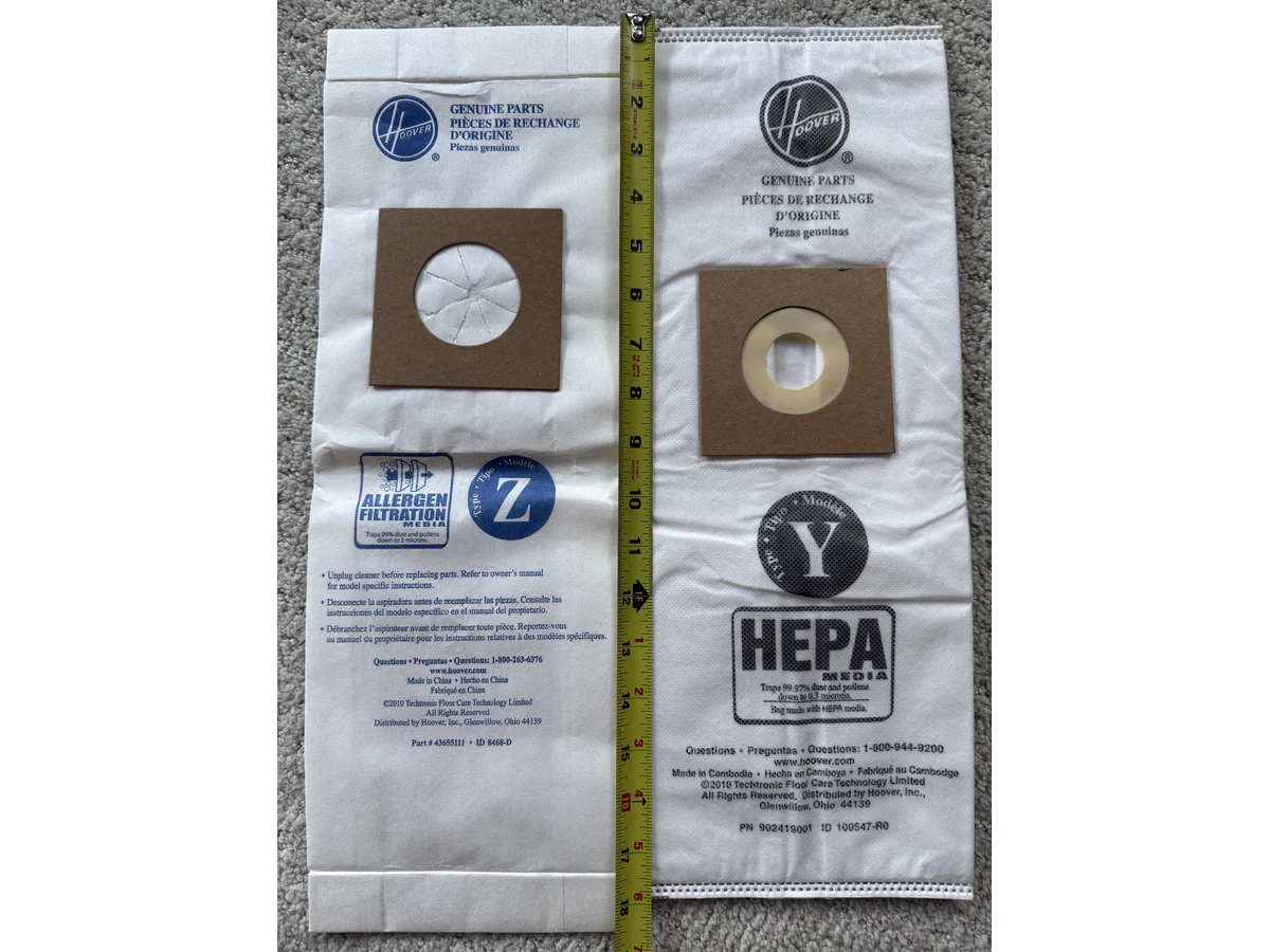 Hoover Type Z and Type Y replacement vacuum bags measured side by side by length