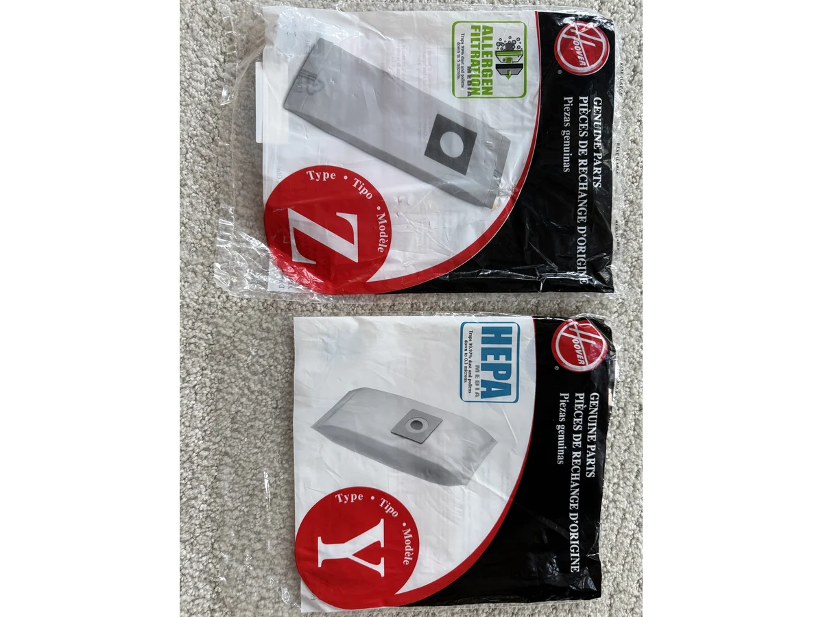 Hoover Type Y and Type Z HEPA vacuum bag packages side by side for WindTunnel upright bags