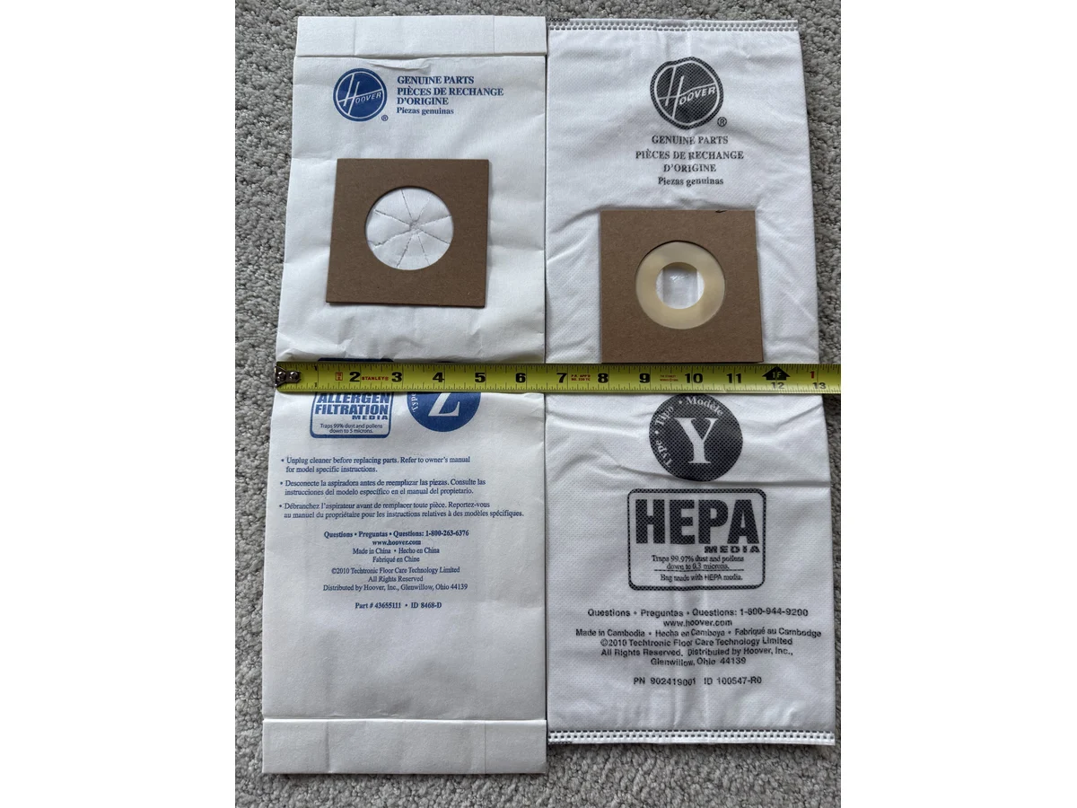 Hoover Type Z and Type Y replacement vacuum bags measured side by side by width