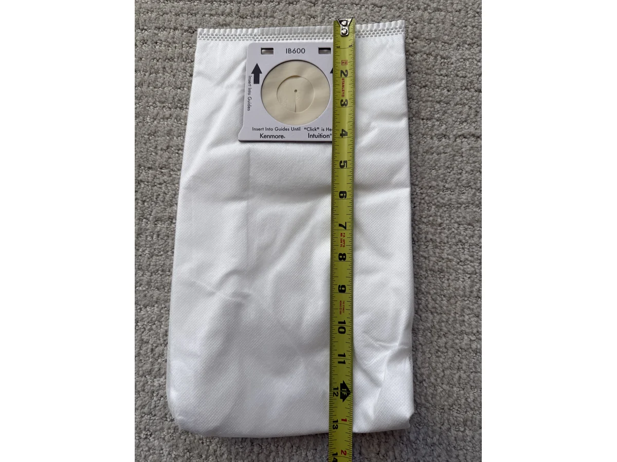 Kenmore IB600 Intuition replacement vacuum bag length measured with tape