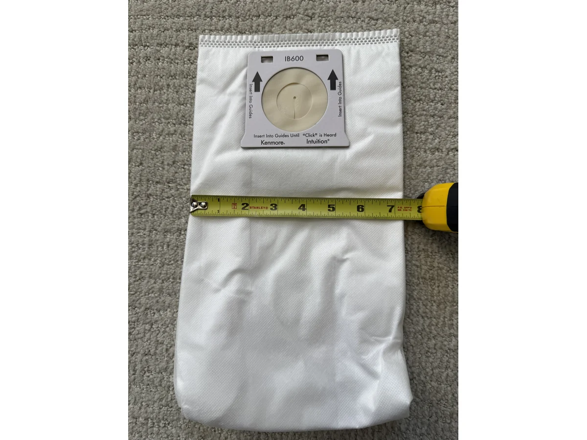 Kenmore IB600 Intuition replacement vacuum bag width measured with tape