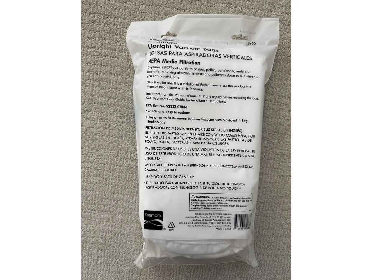 Back of Kenmore IB600 Intuition upright vacuum bag package with No Touch bag technology fitment text