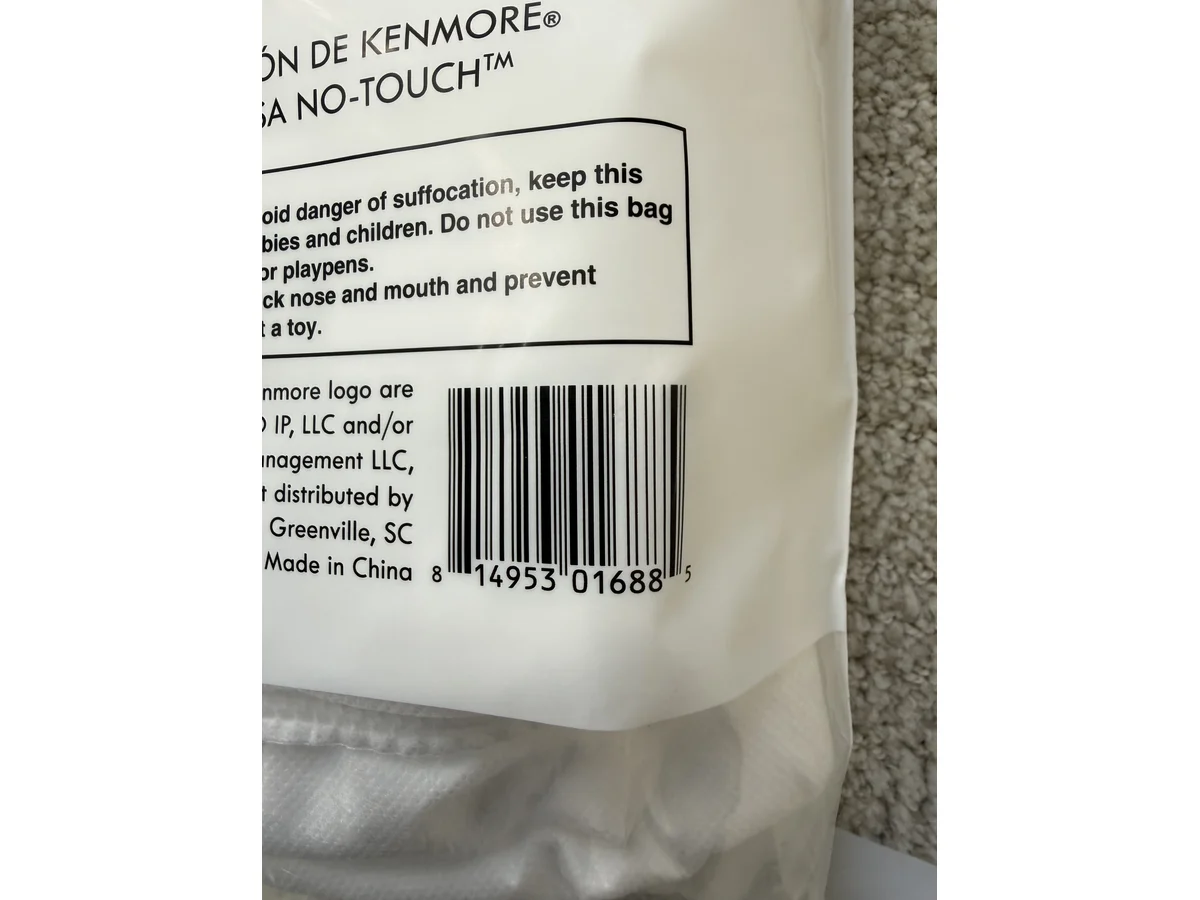 Kenmore IB600 Intuition vacuum cleaner bag UPC barcode and package warning label