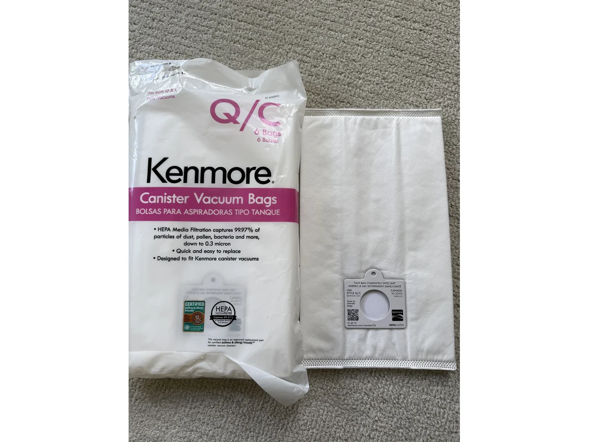 Kenmore Type Q/C replacement vacuum bag next to the package for canister vacuums