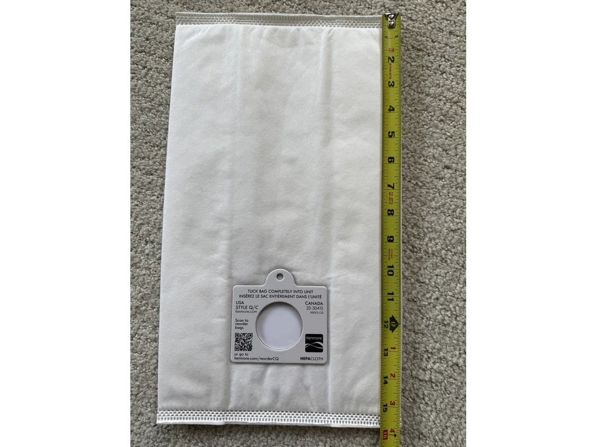 Kenmore Type Q/C canister replacement bag length measured with tape
