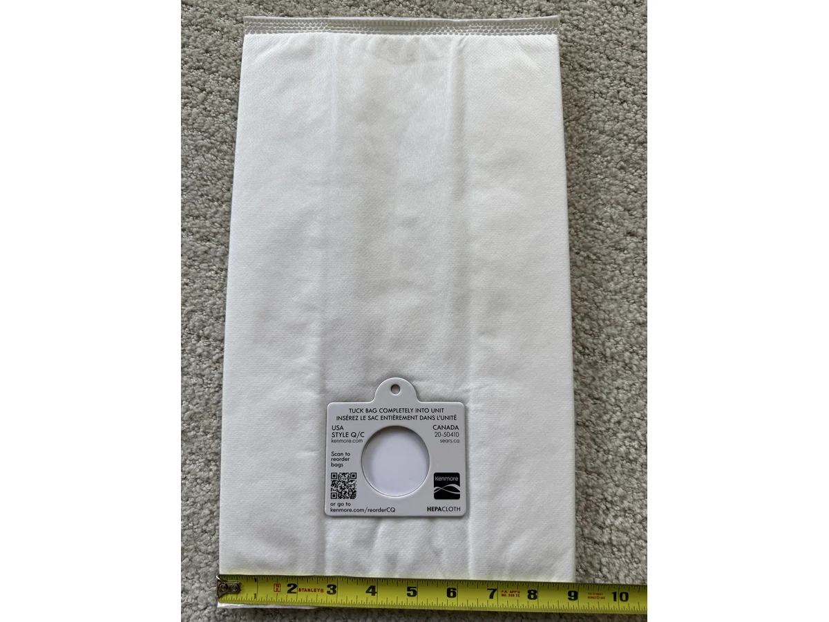 Kenmore Type Q/C canister replacement bag width measured with tape