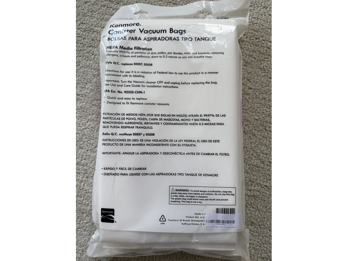 Back of Kenmore Type Q/C canister vacuum bag package with Style Q/C and part 20-50410 text