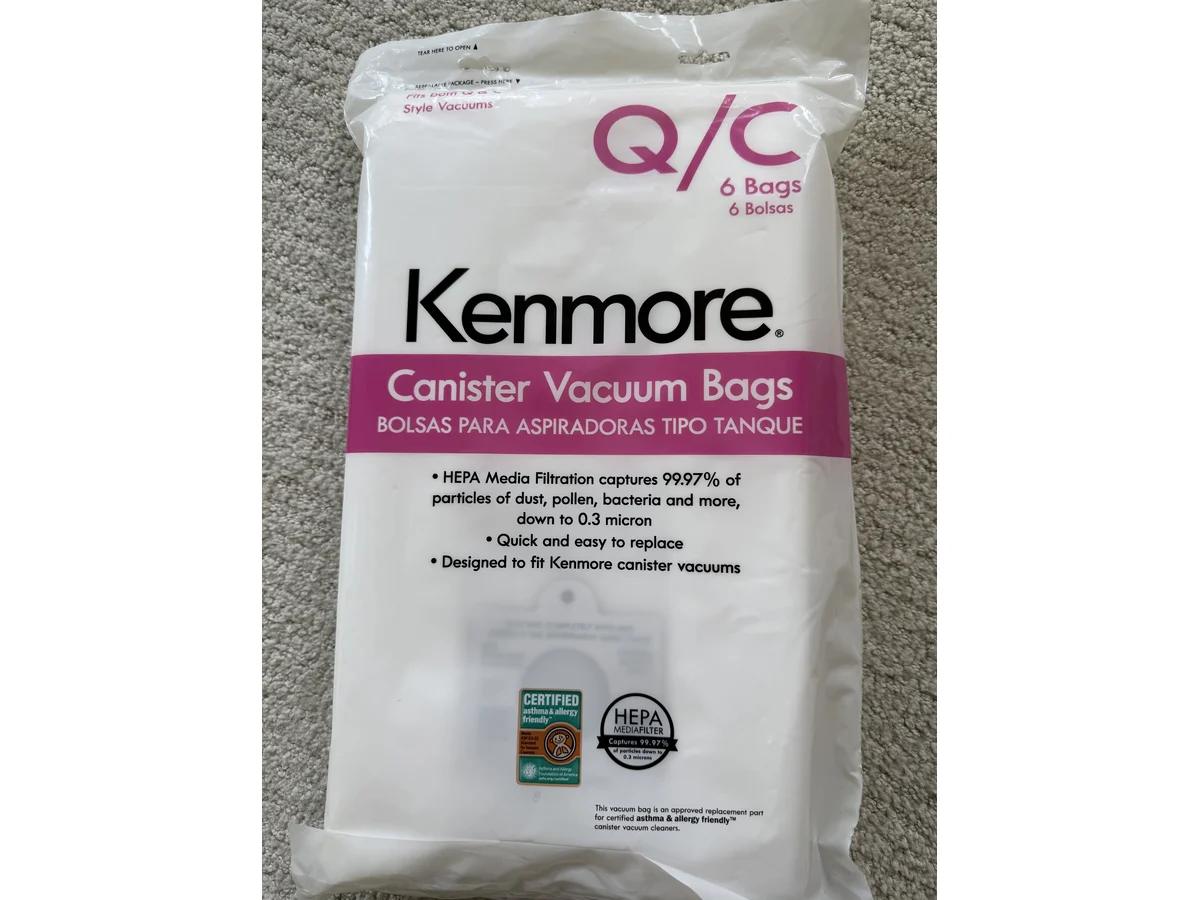 Kenmore Type Q/C canister vacuum bag package front with HEPA media filtration label