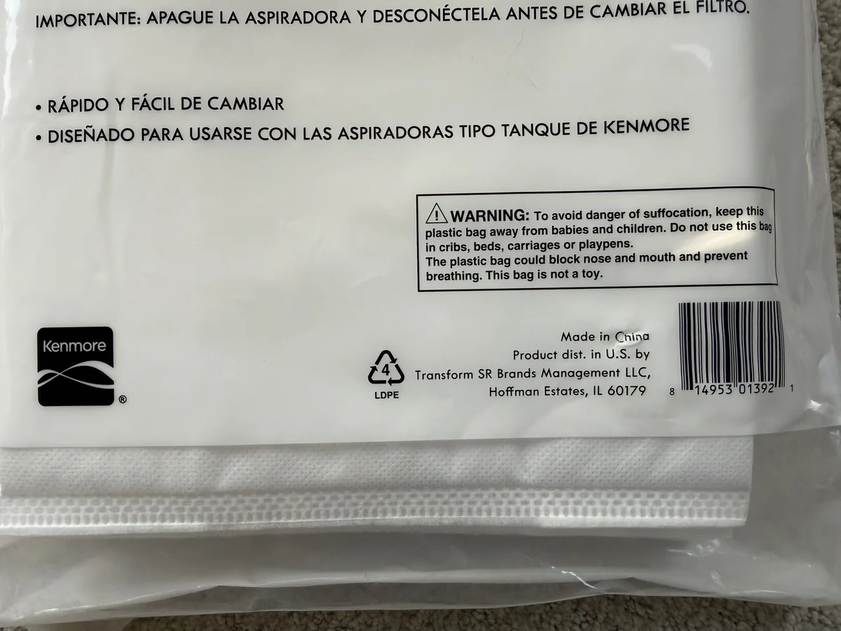 Kenmore Type Q/C canister vacuum bag package UPC barcode and warning label