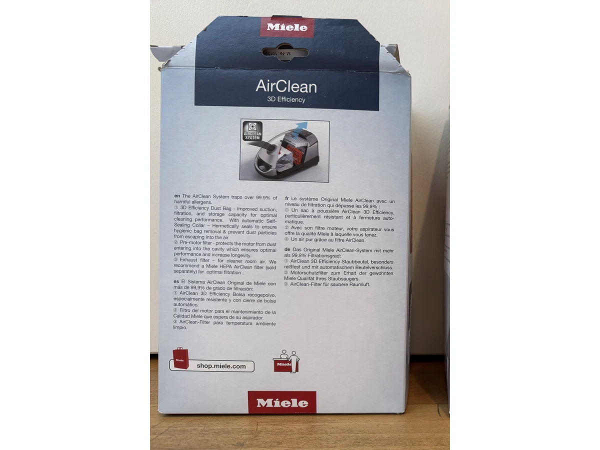 Back of Miele FJM AirClean 3D Efficiency package with filtration and bag details