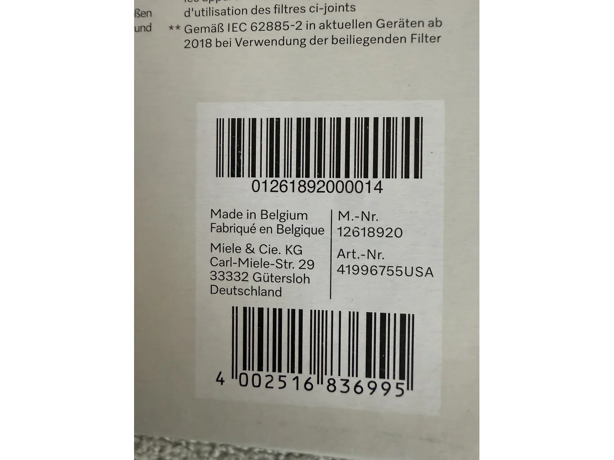 Miele GN package barcode label showing M.-Nr. 12618920 and Art.-Nr. 41996755USA