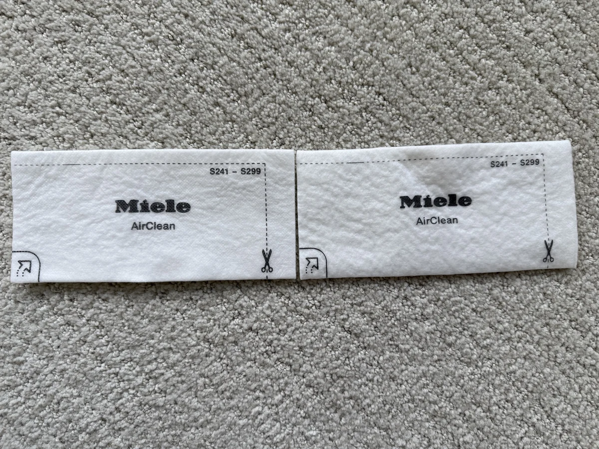 Miele AirClean filter insert panels photographed from FJM and GN bag packages
