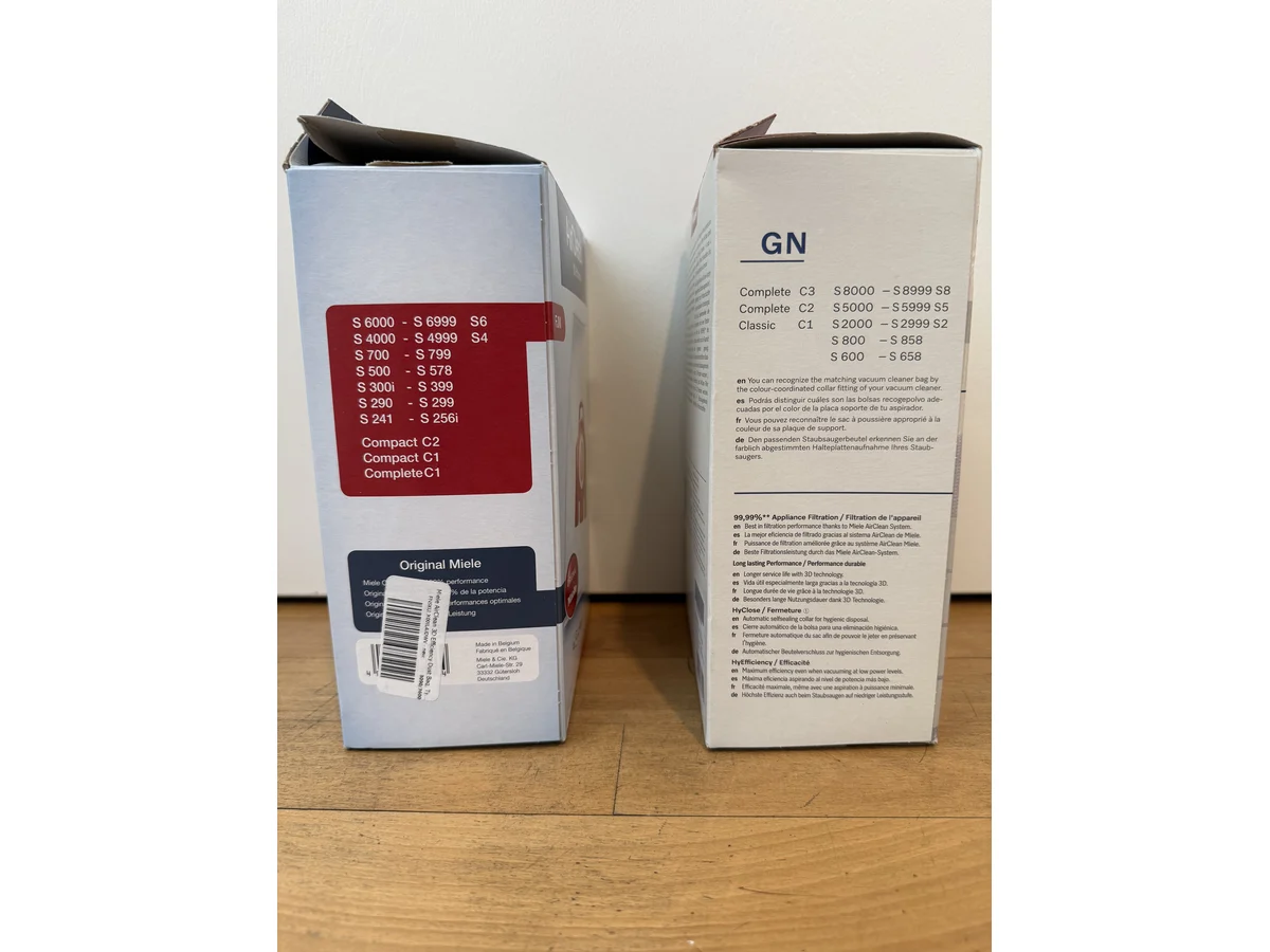 Miele FJM and Miele GN package fitment panels compared for Compact C1 Classic C1 and Complete C3 models