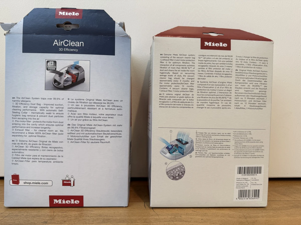 Miele FJM and Miele GN package backs side by side with product information panels