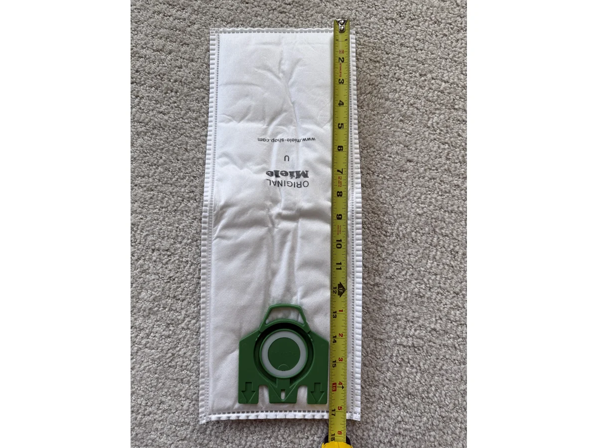 Miele Type U upright vacuum bag length measured with tape