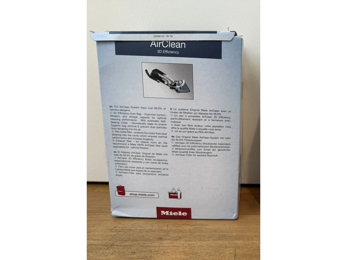 Back of Miele Type U AirClean 3D Efficiency package with filtration details