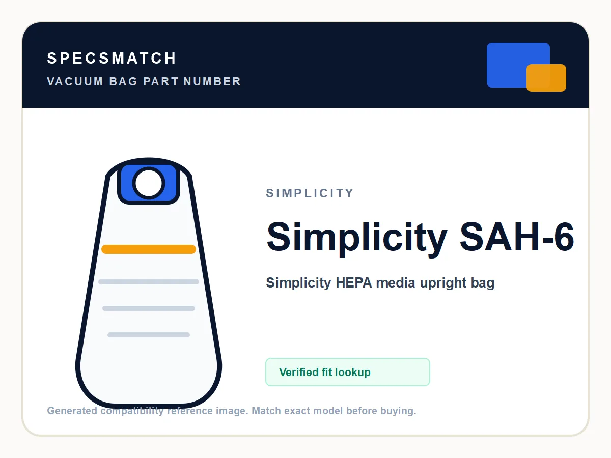 Simplicity SAH-6 vacuum bag product image showing part number Simplicity SAH-6